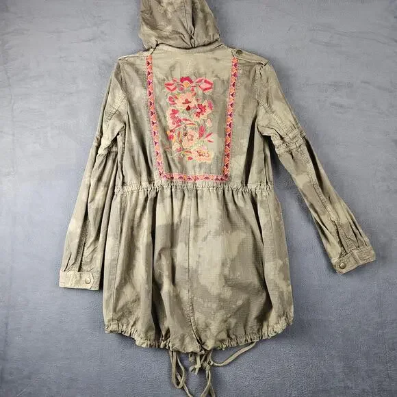 Free People Green Festival Embroidered Anorak Jacket Utility Military Boho Sz 6 - Picture 2 of 9